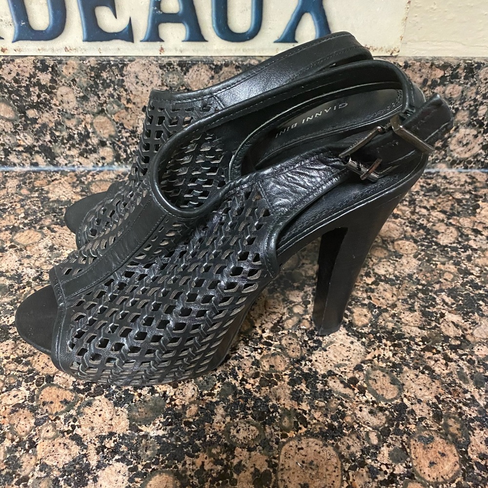 Gianni Bini Lattice Cutout Black Leather Heels 10